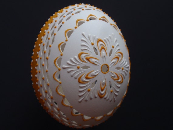 Traditional Slavic Easter Egg in White and Yellow, Hand Decorated Duck Egg, Wax Embossed and Drilled Pysanky, Madeira Kraslice