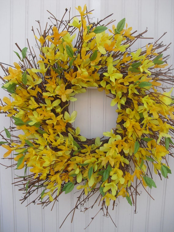 Forsythia Spring Wreath on Spiral Grapevine Twig Wreath