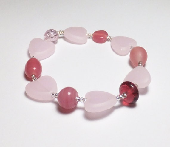 Sweet Pink and Heart Glass Sweetheart Beaded Streatch Bracelet by tzteja