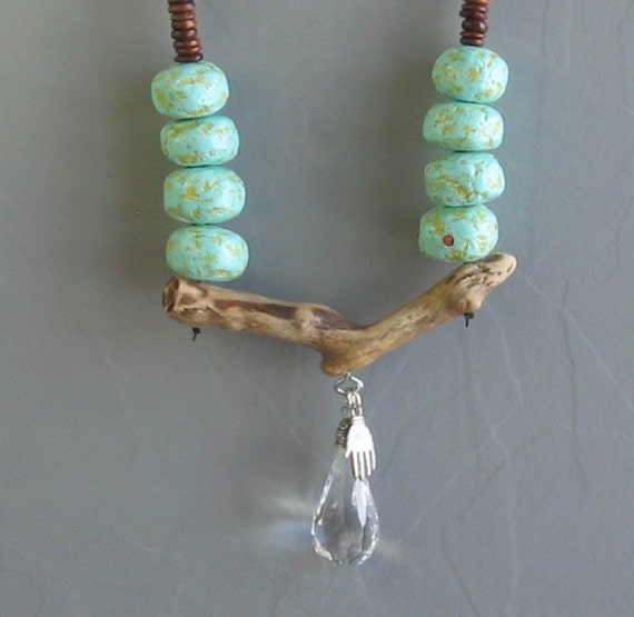 Mountain Driftwood Faux Turquoise Necklace, mixed-media, upcycled, recycled, salvaged, FREE shipping to the US.