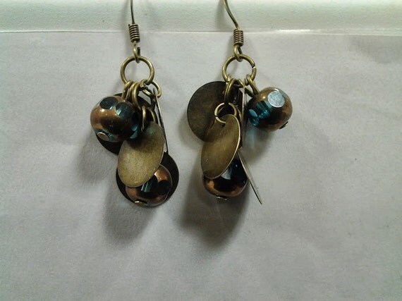 Blue Beaded Metal Cluster Earrings