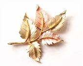 Large Vintage Soft Pastel Pink and White Gold Leaf Brooch Pin Leaf Gold Tone Vintage Antique Jewelry
