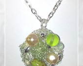 Handmade Necklace - Wire Mesh Art Jewellery - Steam Punk Inspired  Beaded and Wire Necklace in Green and Cream