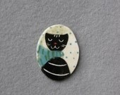 Black Cat  With a Blue and Green Scarf - Ceramic Brooch,