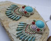 Bead embroidered earrings, Mexican queen, Czech beads, magnesite, carnelian, turquoise, red, silver, picasso finish, gemstone, leather
