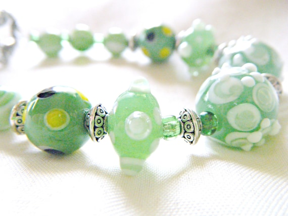 Sea Green Glass Lampwork Bracelet w silver accent beads and toggle clasp