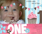 Custom Digital Cupcake First Birthday Invitation, Cupcake Birthday Party, 5x7 PRINTED INVITE- BI1: Cupcake-1