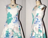 Oatmeal White Cotton Spandex Jersey Spring Dress with mint green skull xray, blue sterculia, metallic bronze feathers screenprinted
