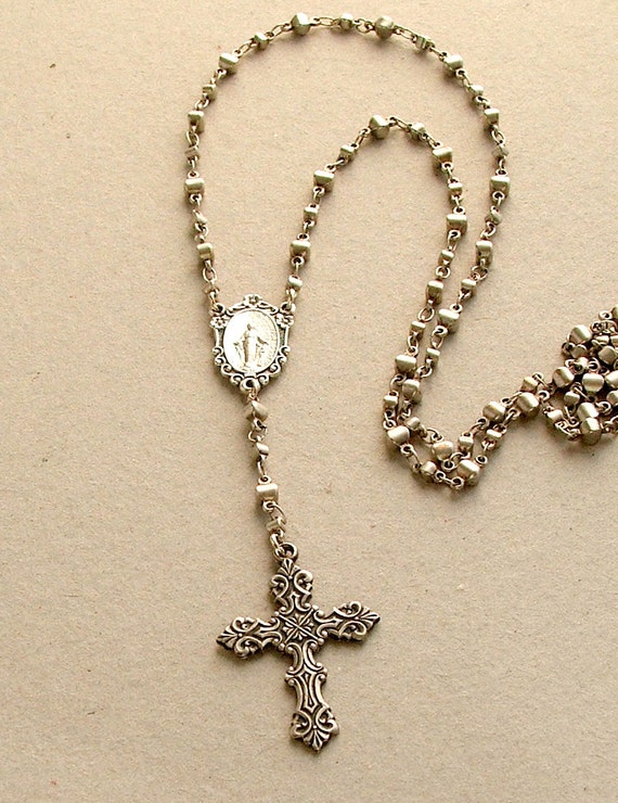 Silver Rosary Necklace, Handmade, Sterling Silver Cross, Rosary Bead Necklace, Long Silver Chain, Edgy, Rock and Roll, Glam Rock Chic