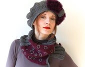 SALE- Grey/Gray and Burgundy Beret and Neck Warmer