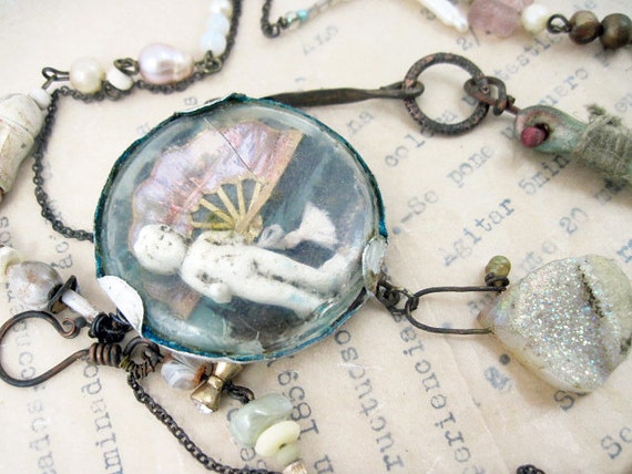 Before Dear Mother Died. Rustic Victorian frozen charlotte collage found object druzy assemblage necklace.