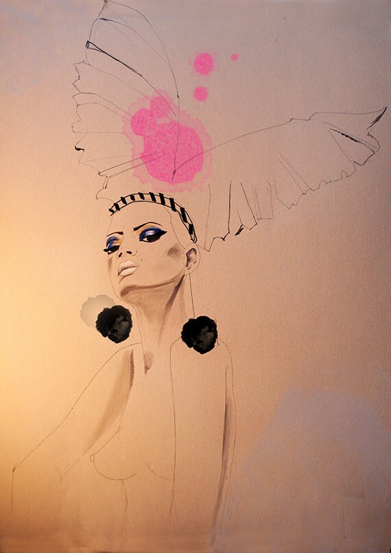 fashion illustration, acrylic painting, portrait, drawing, beige, pink, nude drawing, fashion art