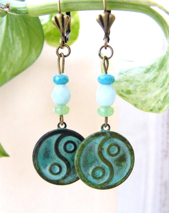 Yin Yang Verdigris Patina Brass Earring Dangles by meiguidesigns