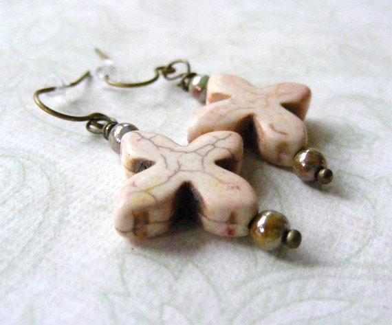 Beautiful Ivory Colored Magnesite Cross Earrings by meiguidesigns