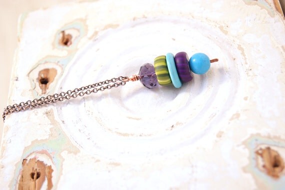 Sparkling Modern Art Jewelry Necklace- Purple Crystal, Olive and Purple Gypsy Trade Beads Pendant on Copper Chain