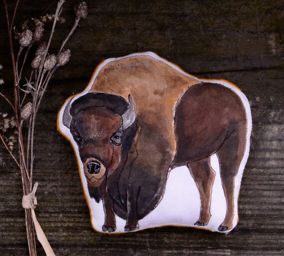 Handmade Buffalo Toy. American Bison Animal Pillow Soft Sculpture by Aly Parrott on Etsy. Ready to Ship.