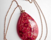 Pink Gold Necklace Blossoms Red Pink Large Drop Shaped Pendant 14k Gold Filled Chain Necklace