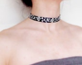 SALE boho vintage black ribbon choker necklace white flower silver chain handcrafted Fabric jewelry woman wedding party