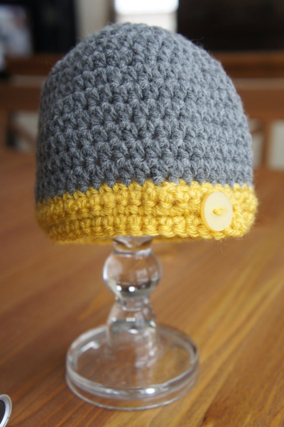 Gray and Gold Button Tab Baby Hat