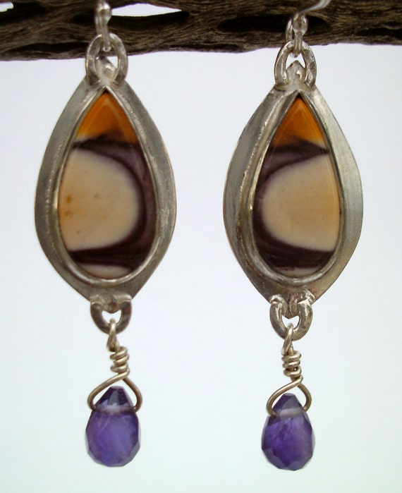 Earrings - Sterling Silver - Mookaite Jasper and Amethyst - Silversmith - RMD Designs