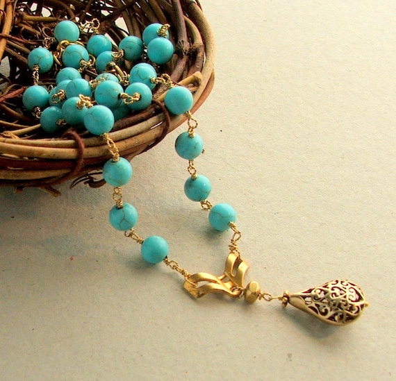 Turquoise Gold Necklace, Hand Wire Wrapped, Turquoise Rosary Style, Boho Necklace, Antique Gold, Gold Pendant, Robins Egg Blue