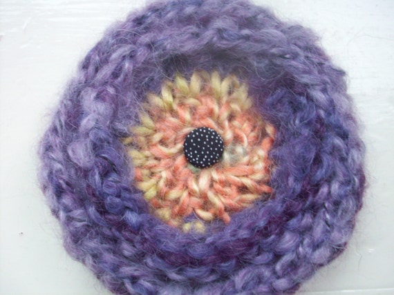 Large flower corsage brooch hand knitted  purple by SpinningStreak