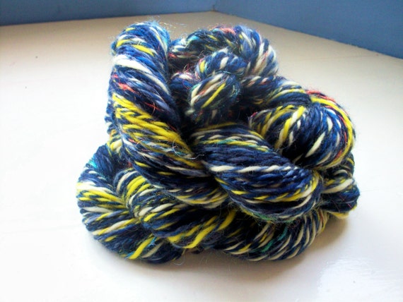 Handspun merino yarn   dark navy cream yellow by SpinningStreak