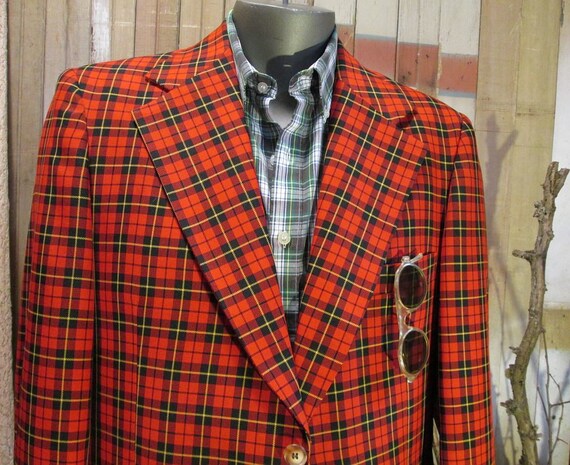 Red Plaid 1970s Jacket  Vintage tartan 70s coat M