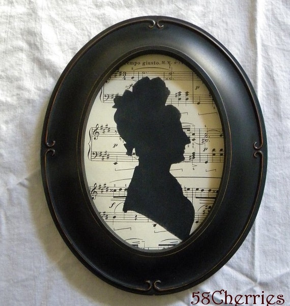 Vintage Style Oval Framed Jane Austen Style Silhouette on Antique Sheet Music - Shabby Chic Downton Abbey Decor