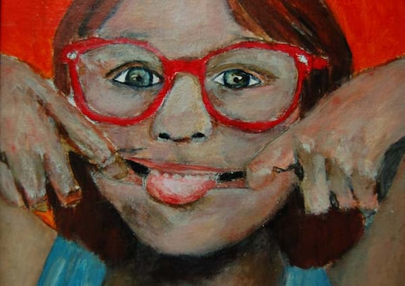 Acrylic Portrait Painting Neener Neener Sassy Little Girl, Sticking Tongue Out Original Contemporary Orange, Cute, Bratty, Humorous