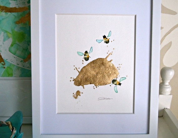 Original Watercolor Painting Bees, Bumble Bees, Honey Bees