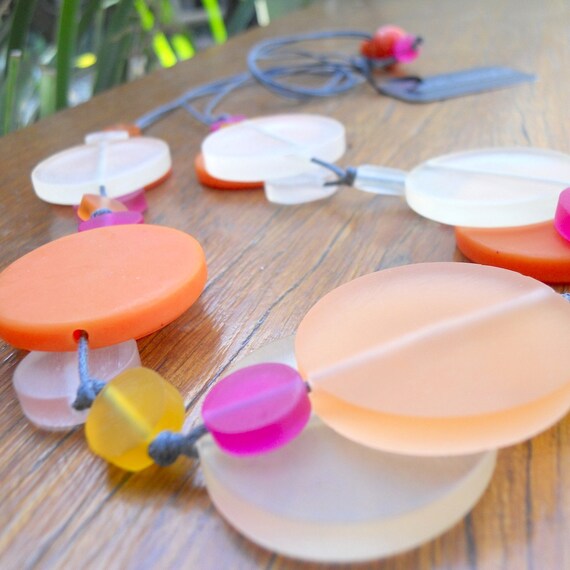 Resin bead double layer necklace in Hot Pink, Orange and Frost White coins