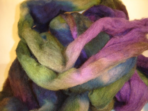 Spinning, Fiber,Roving, local Shetland  Kettle Dyed in Summer Meadow 4oz  Green, purple, blue