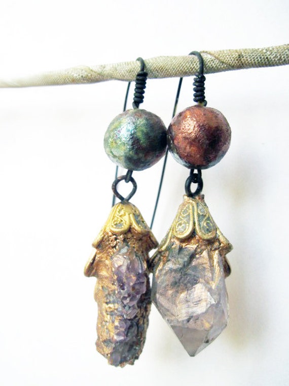 Exquisite Paradox. Cosmic Rustic asymmetrical earrings with rough amethyst and raku.