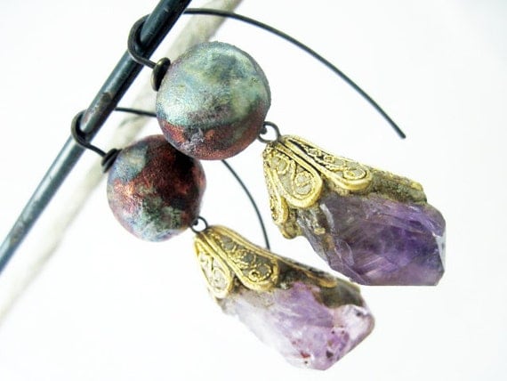 Exquisite Paradox. Cosmic Rustic earrings with rough amethyst and raku.
