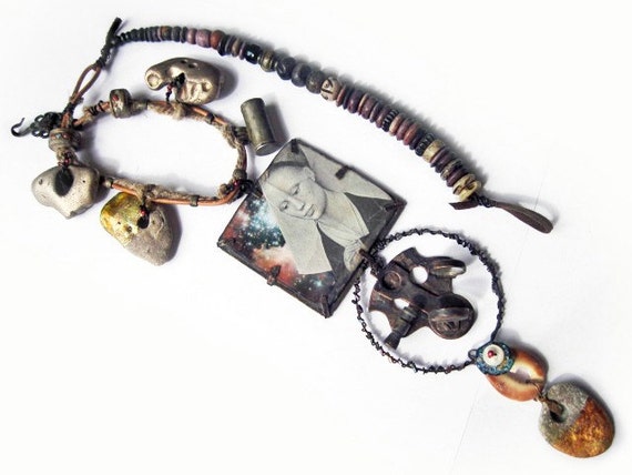 La Exploradora. Rustic sci fi assemblage statement necklace with sextant, cosmic gold leaf beach stones.