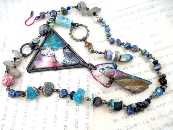 Our Lady of  Impossible Vastness. Cosmic assemblage statement necklace with rainbow titanium crystal and galaxy nebula.