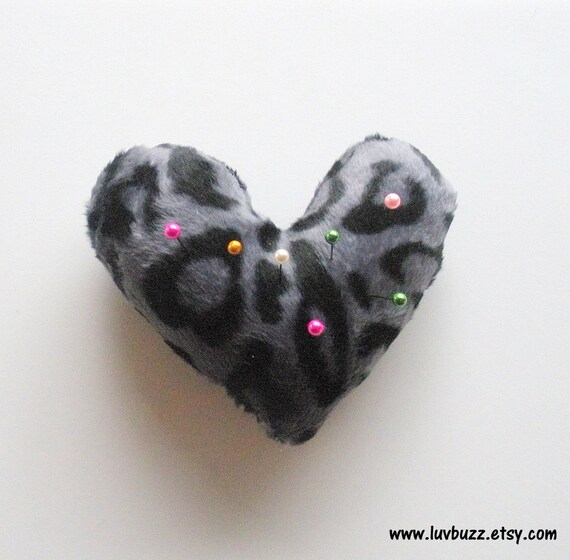 Leopard Print Heart Shaped Pin Cushion in Charcoal by luvbuzz