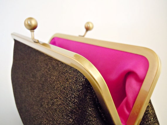 Gold Shimmer and Hot Pink Fuchsia Clutch Evening Bag Wedding Purse