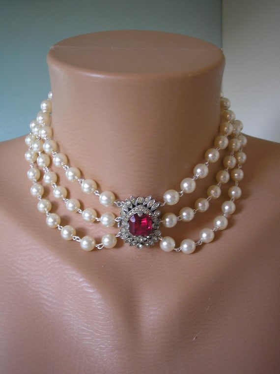 Bridal Necklace, Rhinestone And Pearl Choker, Deep Pink, Wedding Jewelry, Silver, Art Deco, Upcycled Vintage, Handmade Jewelry, Cream Pearls