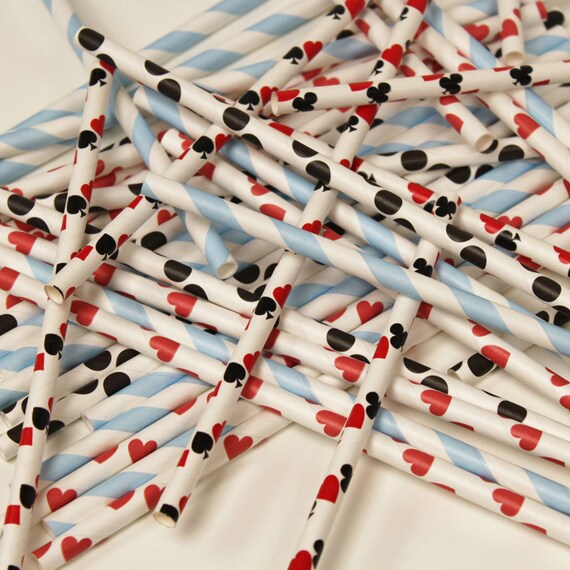 Alice In Wonderland Paper Straws, 30 Assorted Paper Drinking Straws with DIY Flags, Mad Hatter, Queen of Hearts, Princess, Tea Party