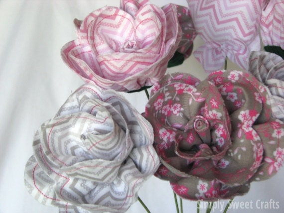 Fabric flower bouquet and fabric bird, large fabric roses, gray and pink chevron flower centerpiece.
