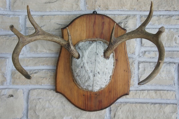 Vintage Deer Antler Mount WhiteSweater Upcycled Unique Taxidermy Woodland Wall Art