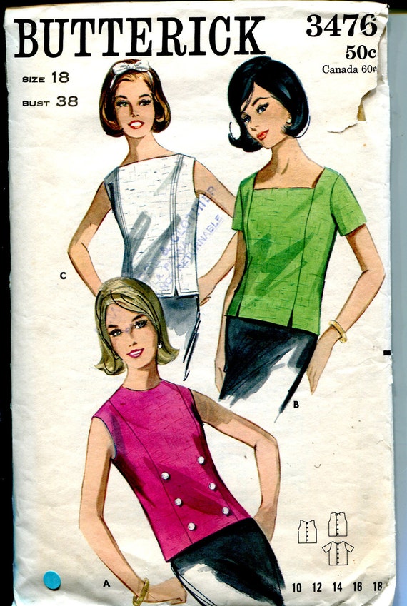 60s Misses Blouse Sewing Pattern Back Button Princess Seam  Square Jewel Neck  Top 38 Bust Size 18 Butterick 3476