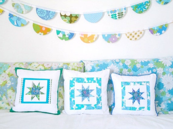 vintage fabric bunting and star patchwork cushion covers