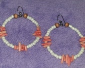 White and Coral Beaded Hoop Earrings: "Seaside"