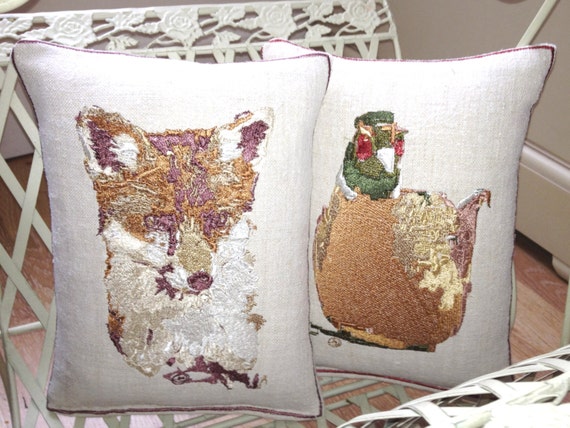 Vintage Linen,  Felix the Fox or Pierce the Pheasant, Embroidery Art Throw Cushion