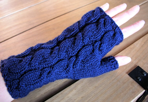 Navy hand knitted fingerless gloves / wrist by CrazyAboutGloves