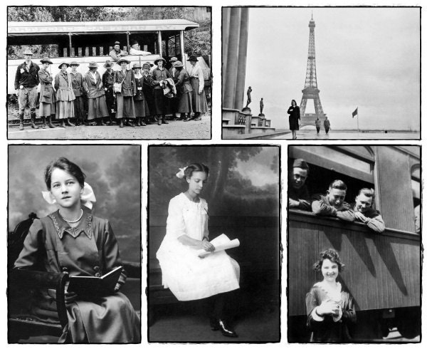 MaxAndCoPost Women Postcards early twentieth century black white eiffel tour train soldier book reading