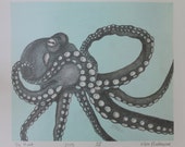 Octopus Graphite Monotype Print - Available on white paper with pale blue background OR on manilla paper with natural background